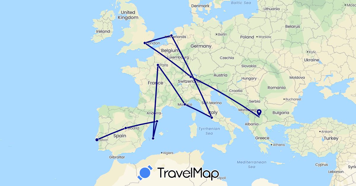 TravelMap itinerary: driving in Switzerland, Spain, France, United Kingdom, Italy, Monaco, Macedonia, Netherlands, Portugal (Europe)